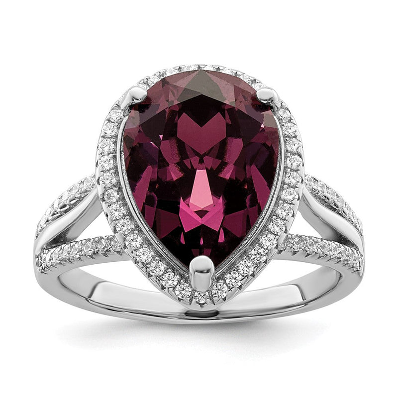 Sterlingsilber Rhodiniert Zirkonia & Dk Lila Kristall Ring