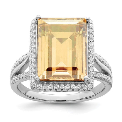 Sterlingsilber Rhodiniert Poliert Zirkonia & Gelb Kristall Ring