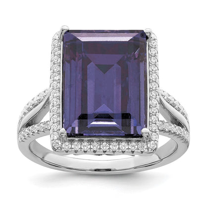 Sterlingsilber Rhodiniert Poliert Zirkonia & Blau Kristall Ring