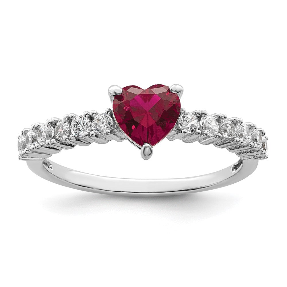 Sterlingsilber Poliert Rhodiniert Erzeugt Rubin und Zirkonia Herz Ring