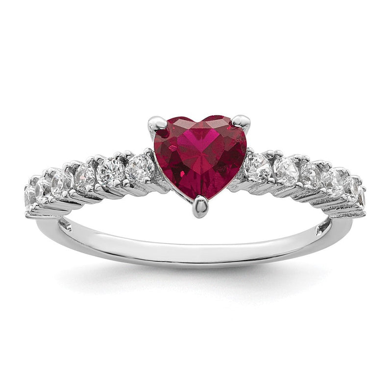 Sterlingsilber Poliert Rhodiniert Erzeugt Rubin und Zirkonia Herz Ring