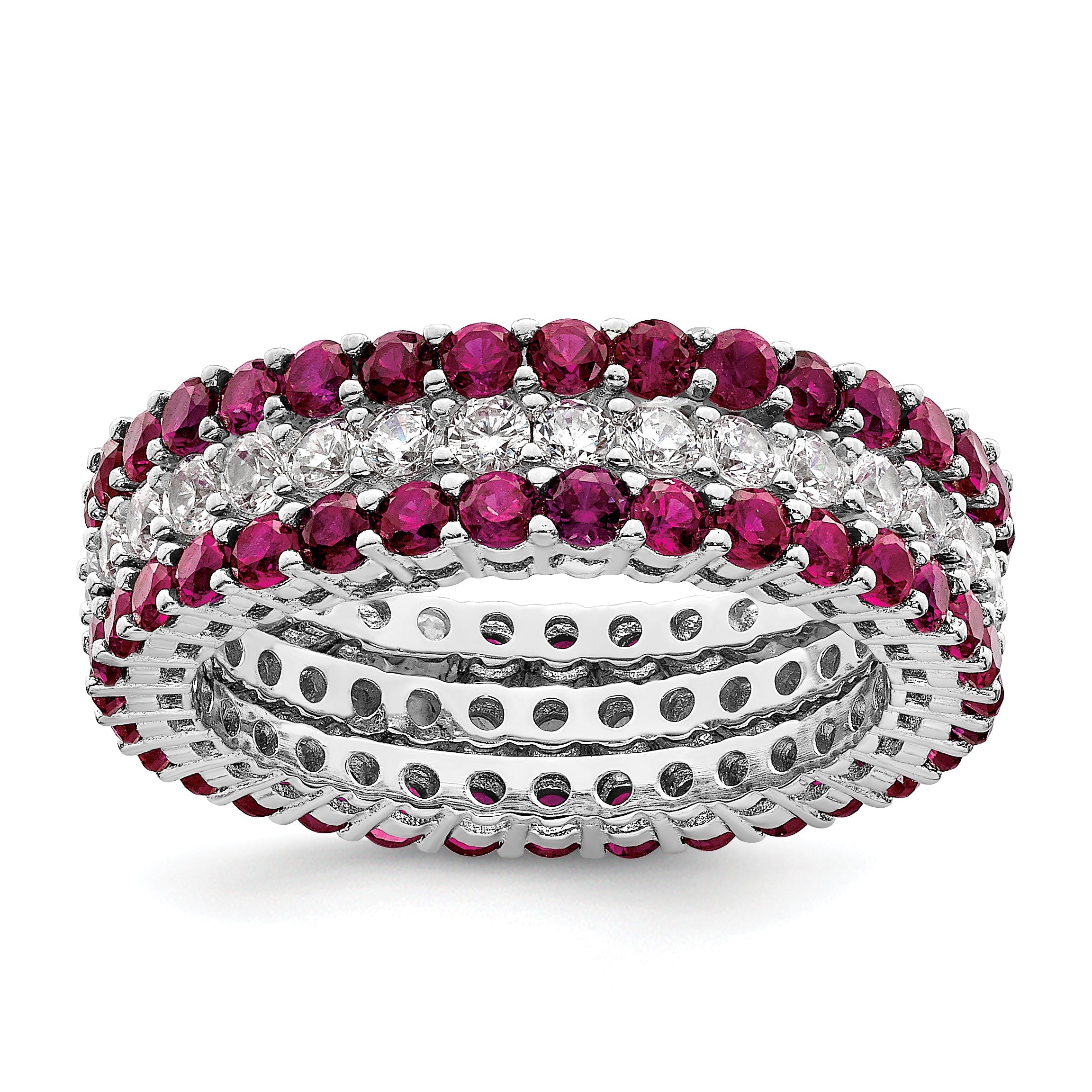 Sterlingsilber Rhodiniert Poliert Rosa & Weiß Zirkonia 3 Ring Set