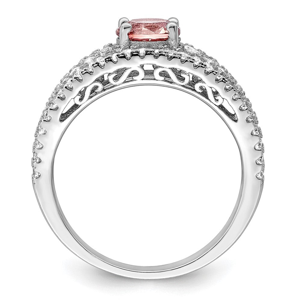 Sterlingsilber Rhodiniert Zirkonia und Rosa Glas Fantasie Ring