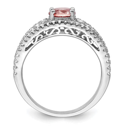 Sterlingsilber Rhodiniert Zirkonia und Rosa Glas Fantasie Ring