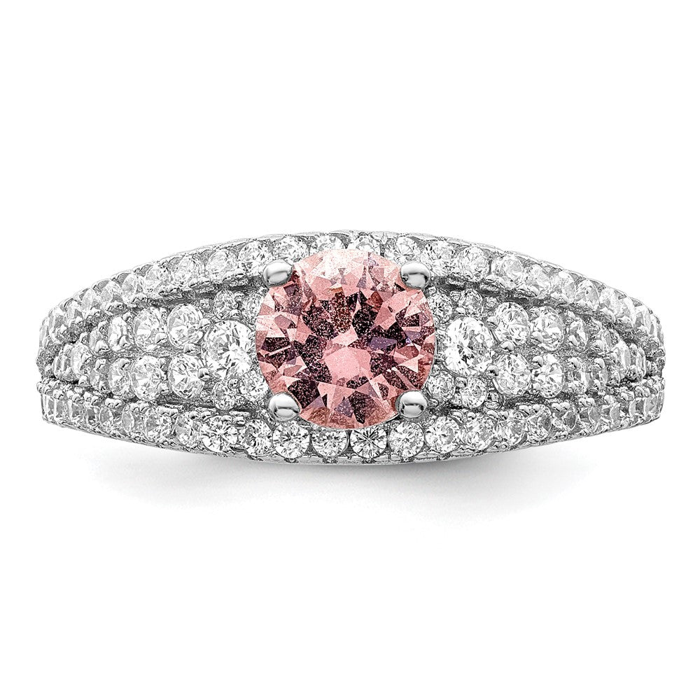 Sterlingsilber Rhodiniert Zirkonia und Rosa Glas Fantasie Ring