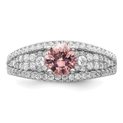 Sterlingsilber Rhodiniert Zirkonia und Rosa Glas Fantasie Ring