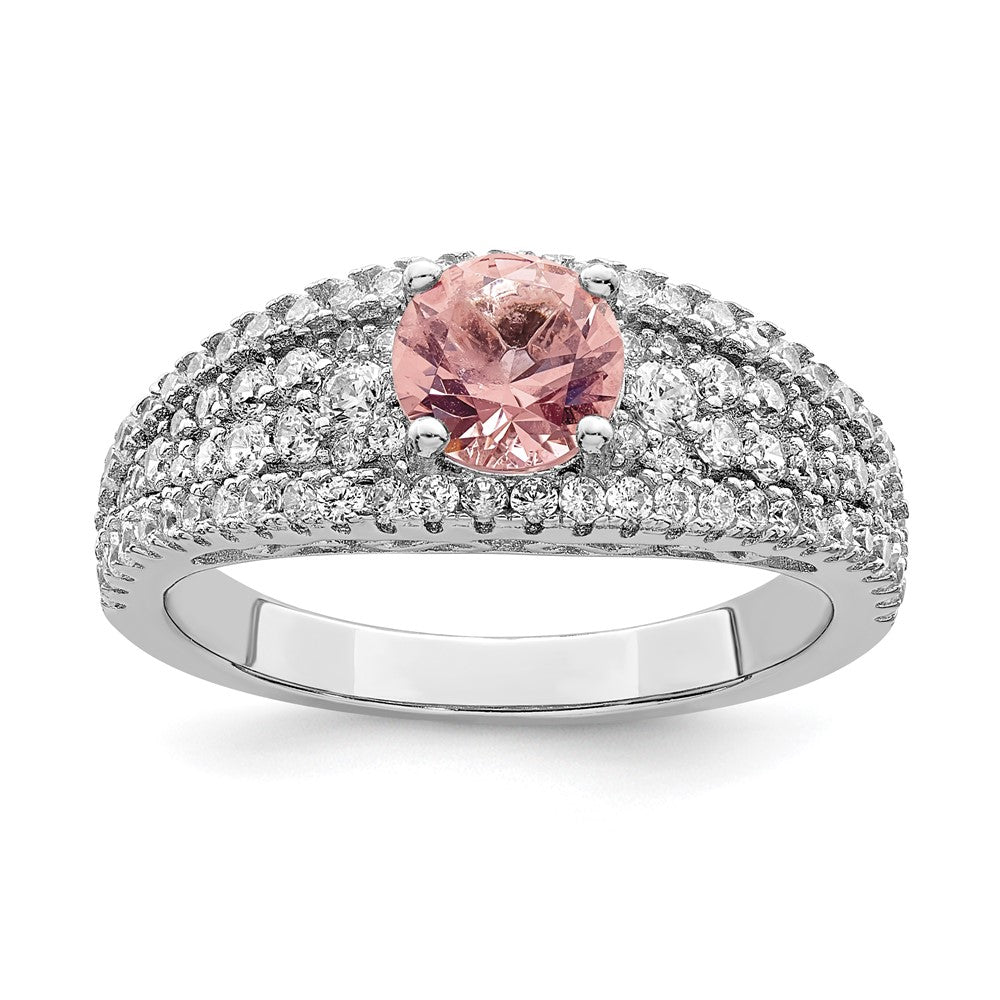 Sterlingsilber Rhodiniert Zirkonia und Rosa Glas Fantasie Ring