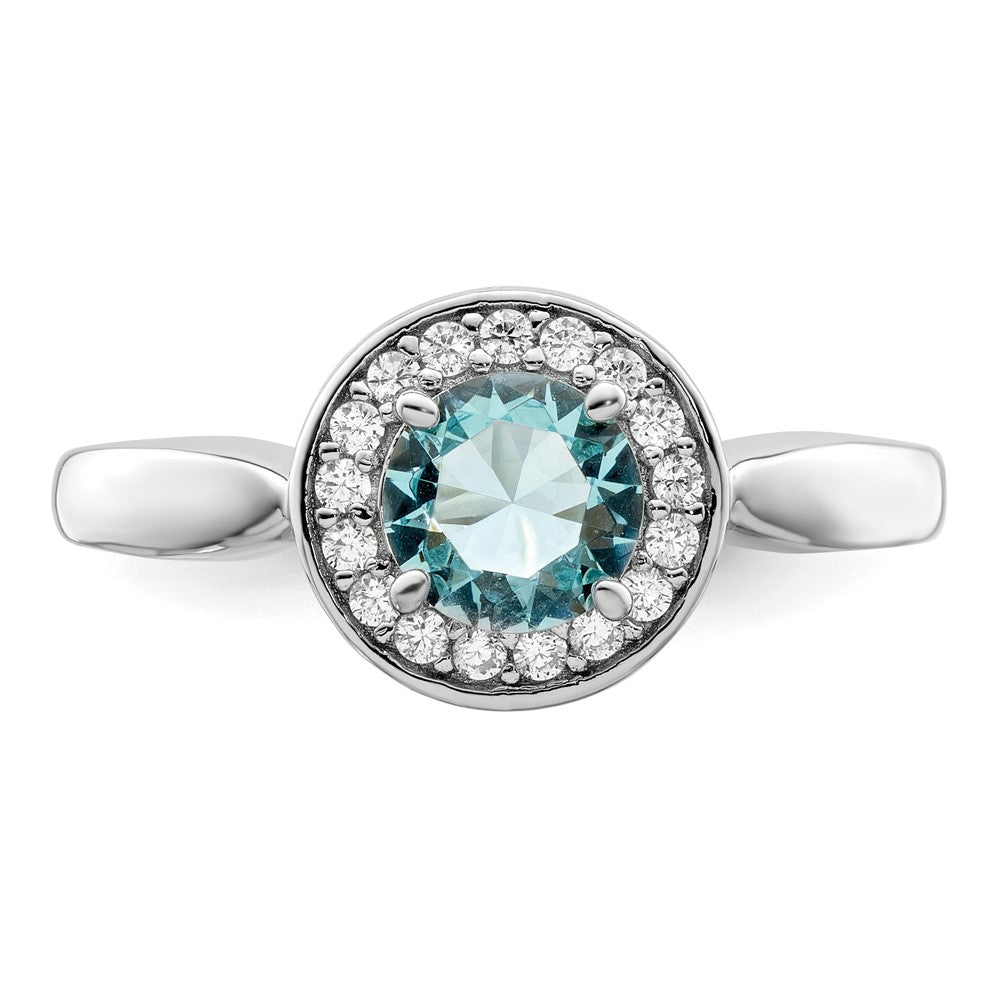 Sterlingsilber Rhodiniert Zirkonia und Licht Blau Glas Stein Ring