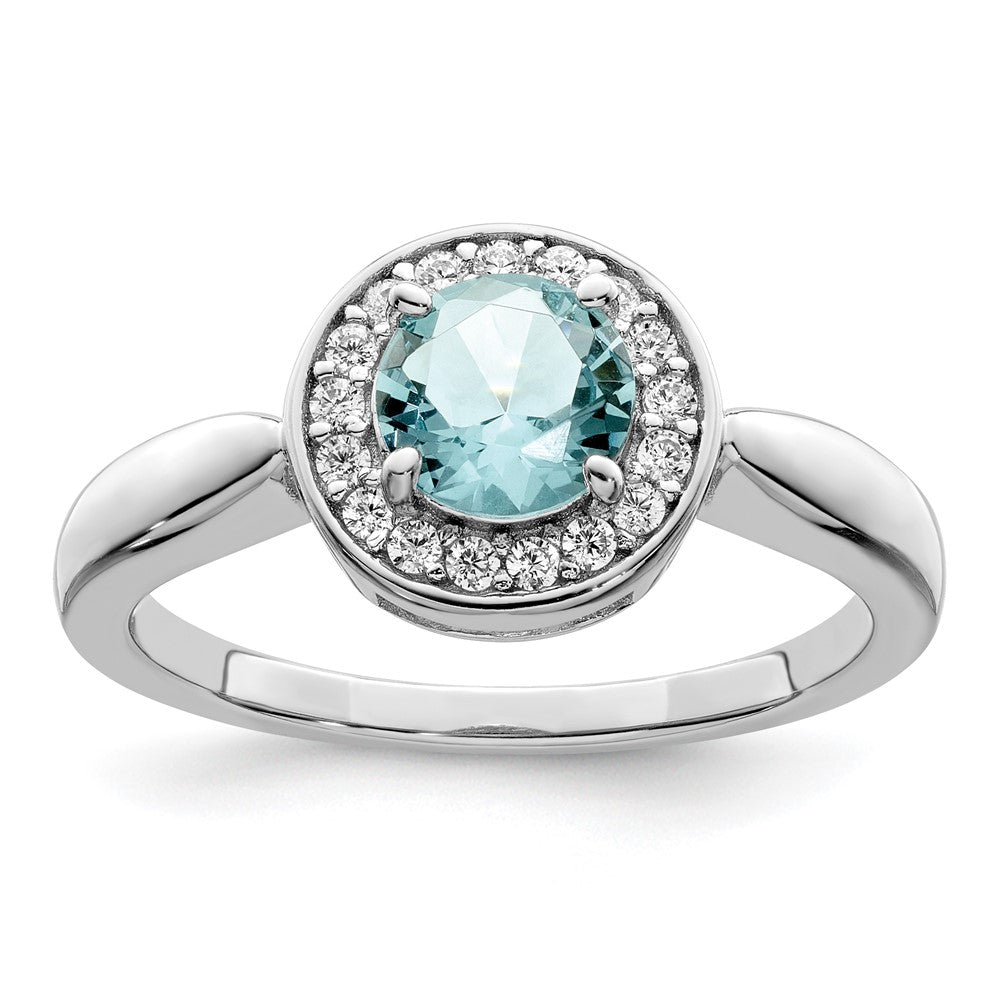 Sterlingsilber Rhodiniert Zirkonia und Licht Blau Glas Stein Ring