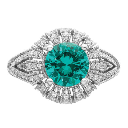Sterlingsilber Rhodiniert Klar und Teal Zirkonia Vintage Style Ring