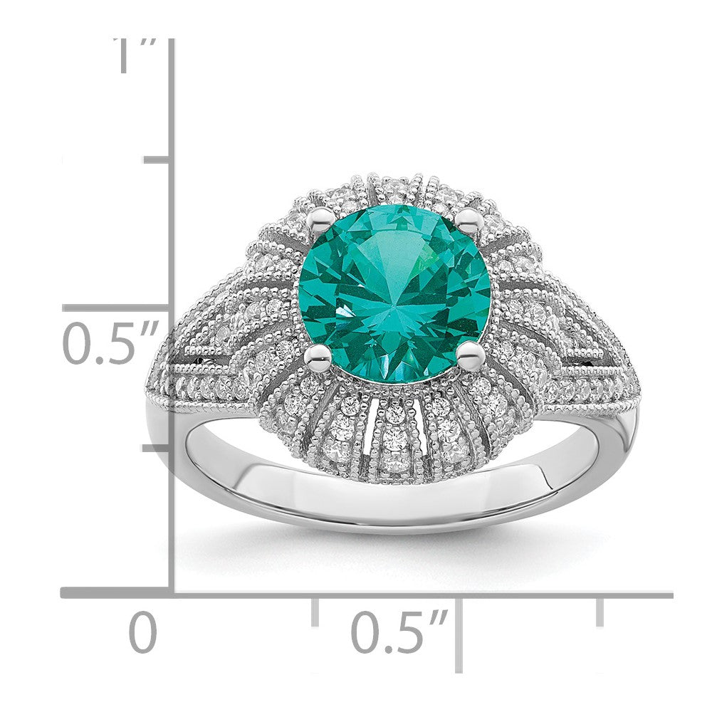 Sterlingsilber Rhodiniert Klar und Teal Zirkonia Vintage Style Ring