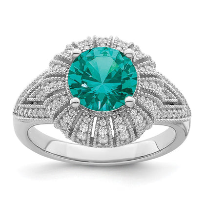 Sterlingsilber Rhodiniert Klar und Teal Zirkonia Vintage Style Ring
