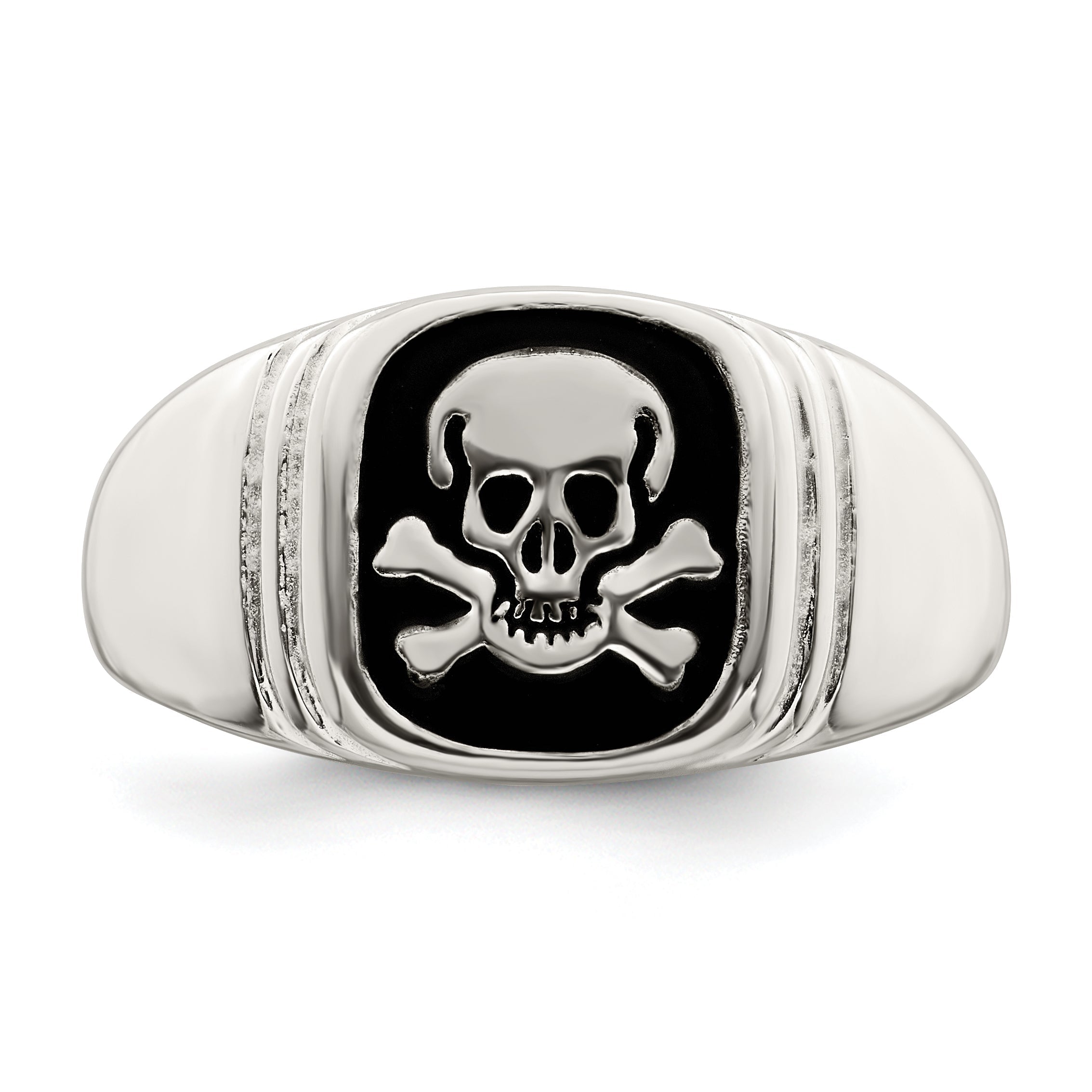 Sterlingsilber Schwarz Emailliert Herren Totenkopf und Crossbones Ring