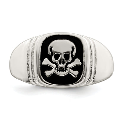 Sterlingsilber Schwarz Emailliert Herren Totenkopf und Crossbones Ring