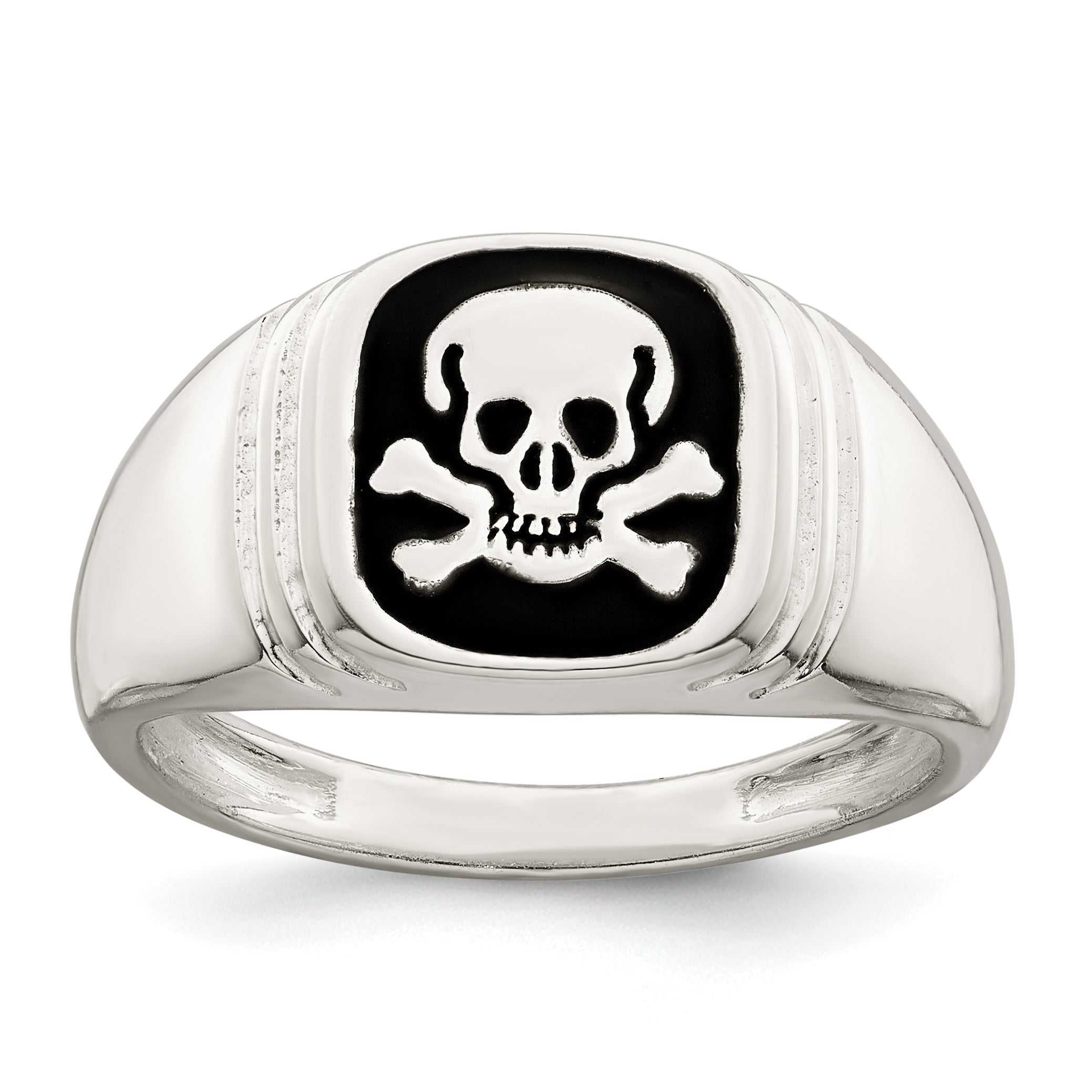 Sterlingsilber Schwarz Emailliert Herren Totenkopf und Crossbones Ring