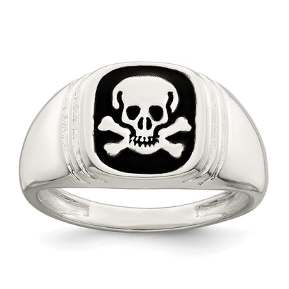 Sterlingsilber Schwarz Emailliert Herren Totenkopf und Crossbones Ring