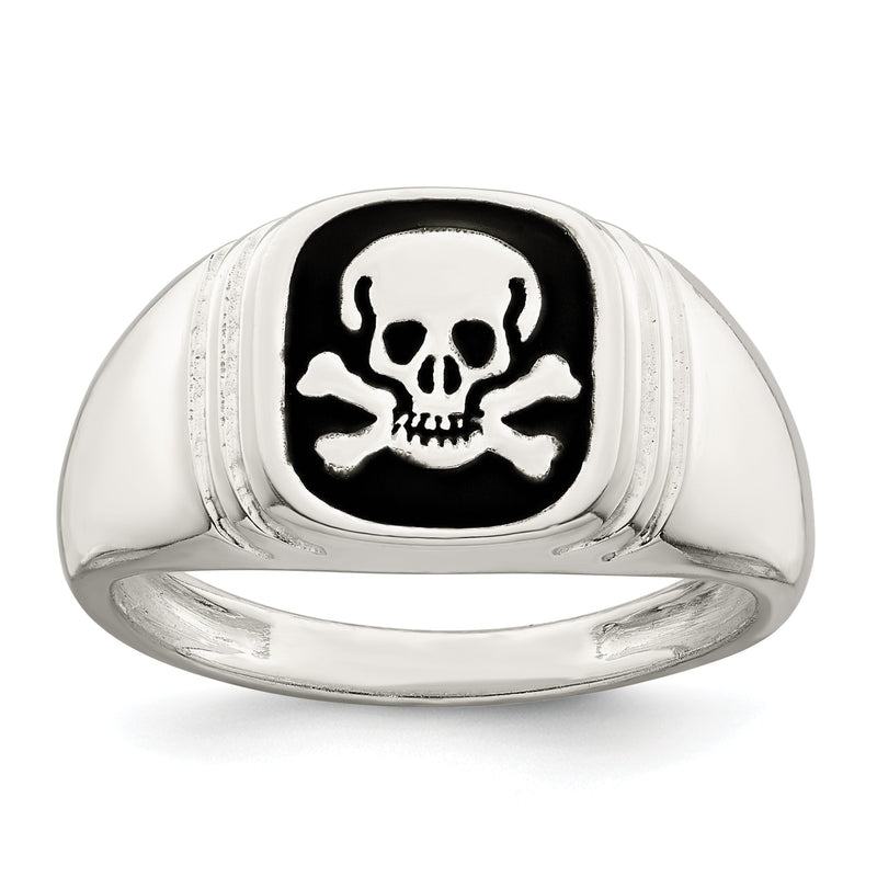 Sterlingsilber Schwarz Emailliert Herren Totenkopf und Crossbones Ring