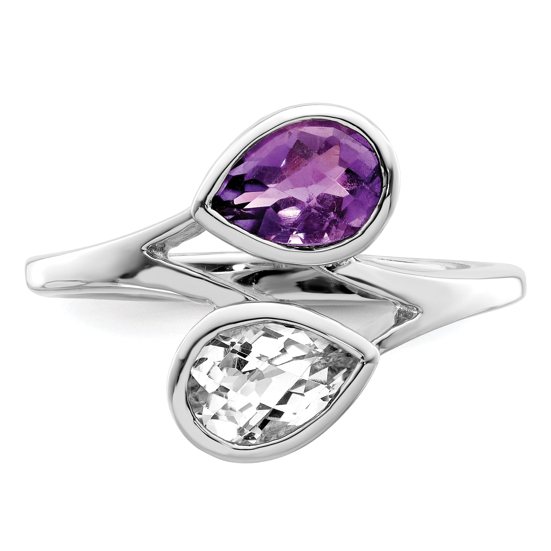 Sterlingsilber Rhodiniert Tropfen Form Amethyst & Weiß Topas Ring