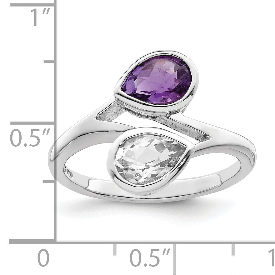 Sterlingsilber Rhodiniert Tropfen Form Amethyst & Weiß Topas Ring
