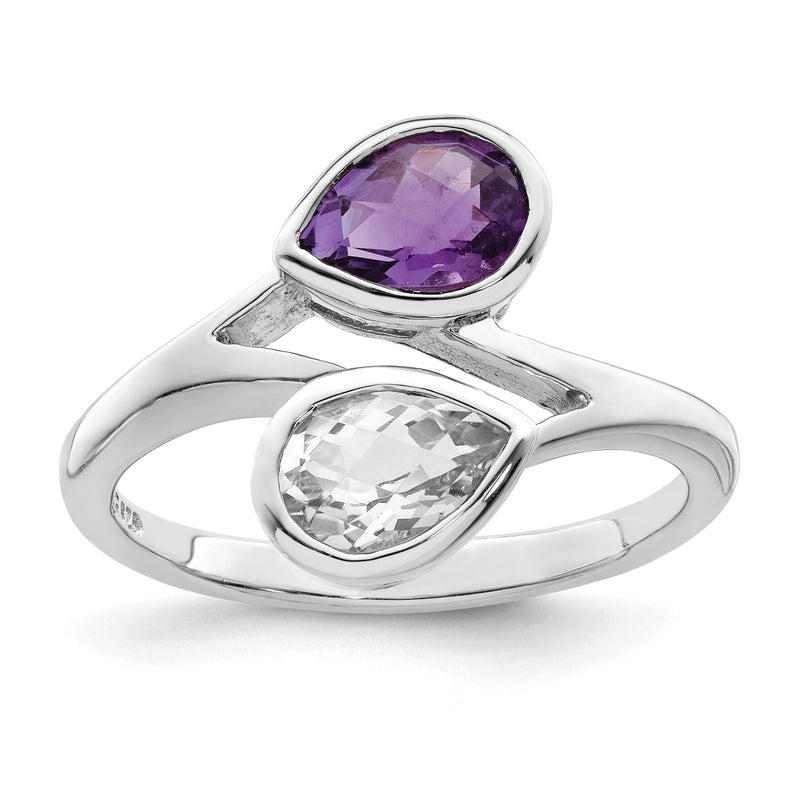 Sterlingsilber Rhodiniert Tropfen Form Amethyst & Weiß Topas Ring