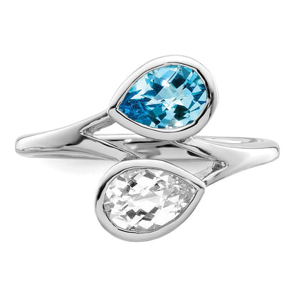 Sterlingsilber Rhodiniert Poliert Blau & Weiß Topas Bypass Ring