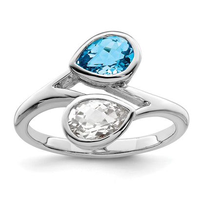 Sterlingsilber Rhodiniert Poliert Blau & Weiß Topas Bypass Ring