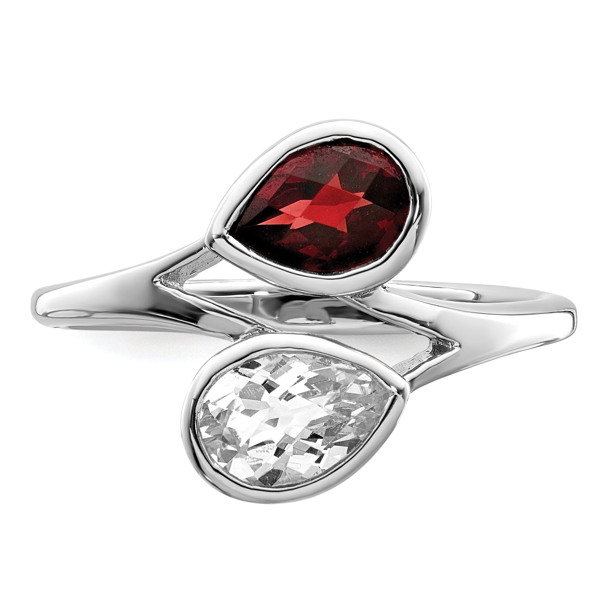 Sterlingsilber Rhodiniert Poliert Granat & Weiß Topas Bypass Ring