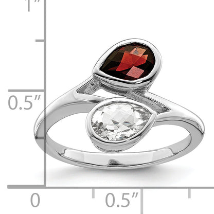 Sterlingsilber Rhodiniert Poliert Granat & Weiß Topas Bypass Ring