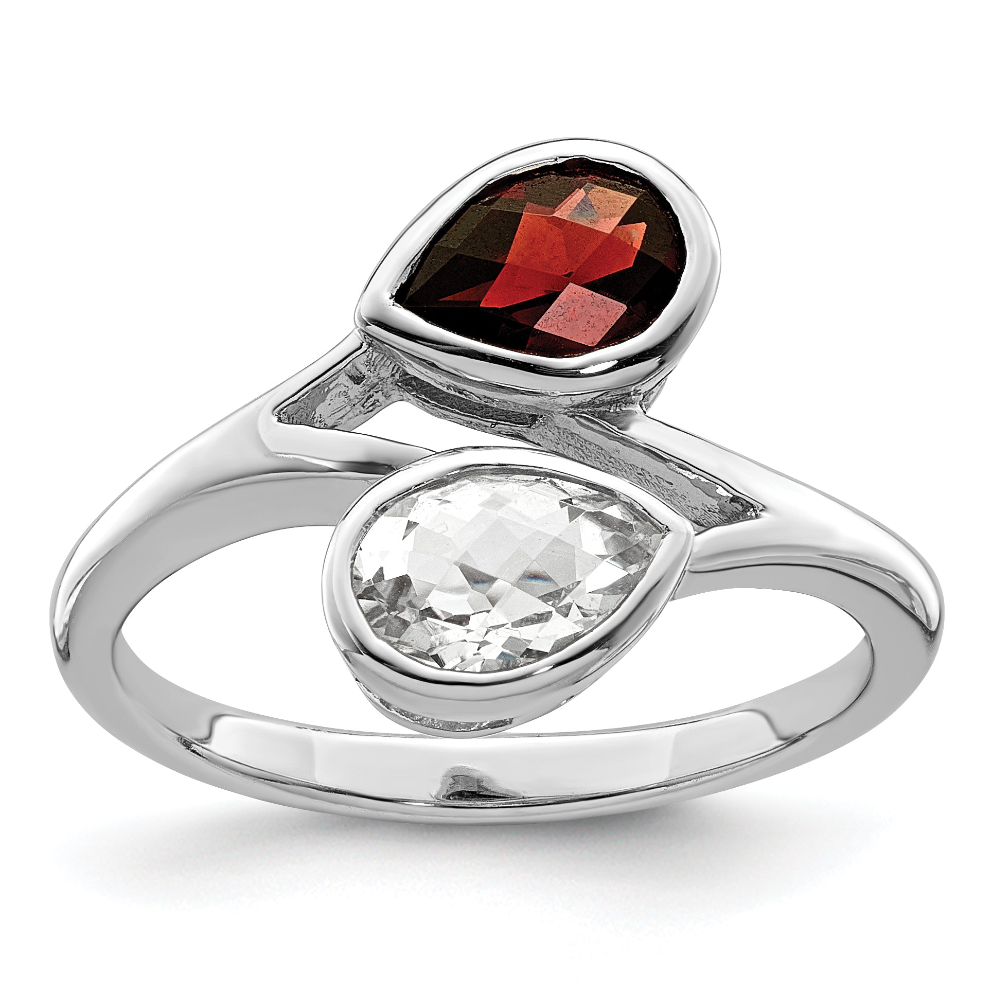 Sterlingsilber Rhodiniert Poliert Granat & Weiß Topas Bypass Ring