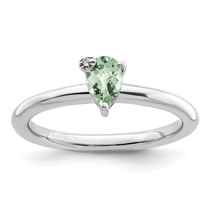 Sterlingsilber Rhodiniert Tropfen Grün Quarz & Weiß Topas Ring