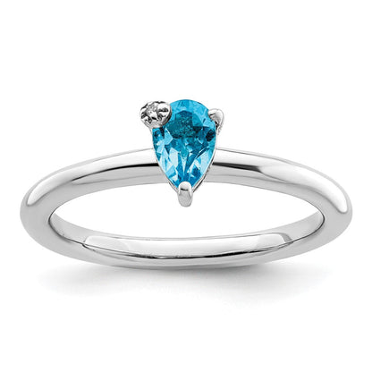 Sterlingsilber Rhodiniert Tropfen Schweizer Blautopas & Weiß Ring