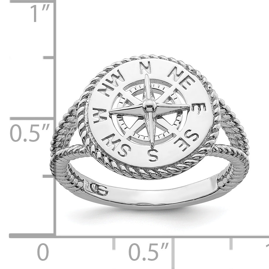 Sterlingsilber De Ani Rhodiniert Poliert Kompass mit Kordel Zierde Ring