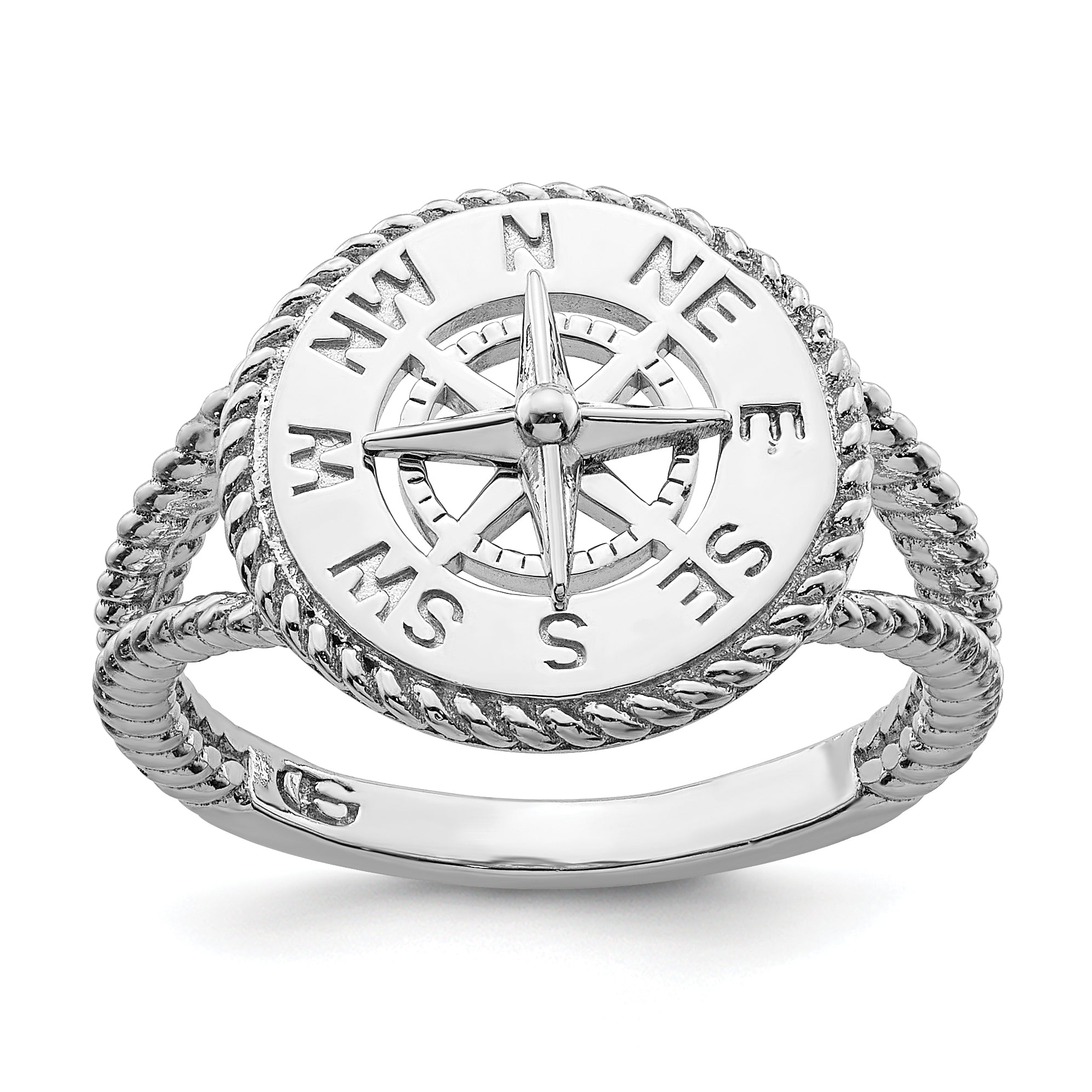 Sterlingsilber De Ani Rhodiniert Poliert Kompass mit Kordel Zierde Ring