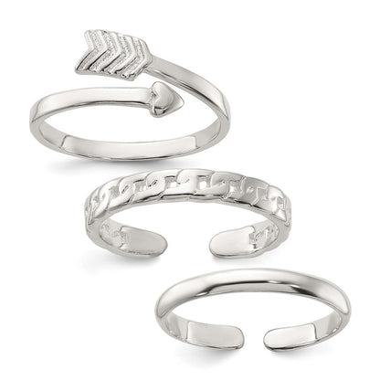 Sterlingsilber Poliert Pfeil/chain Glieder/plain Set Of 3 Zehen Rings