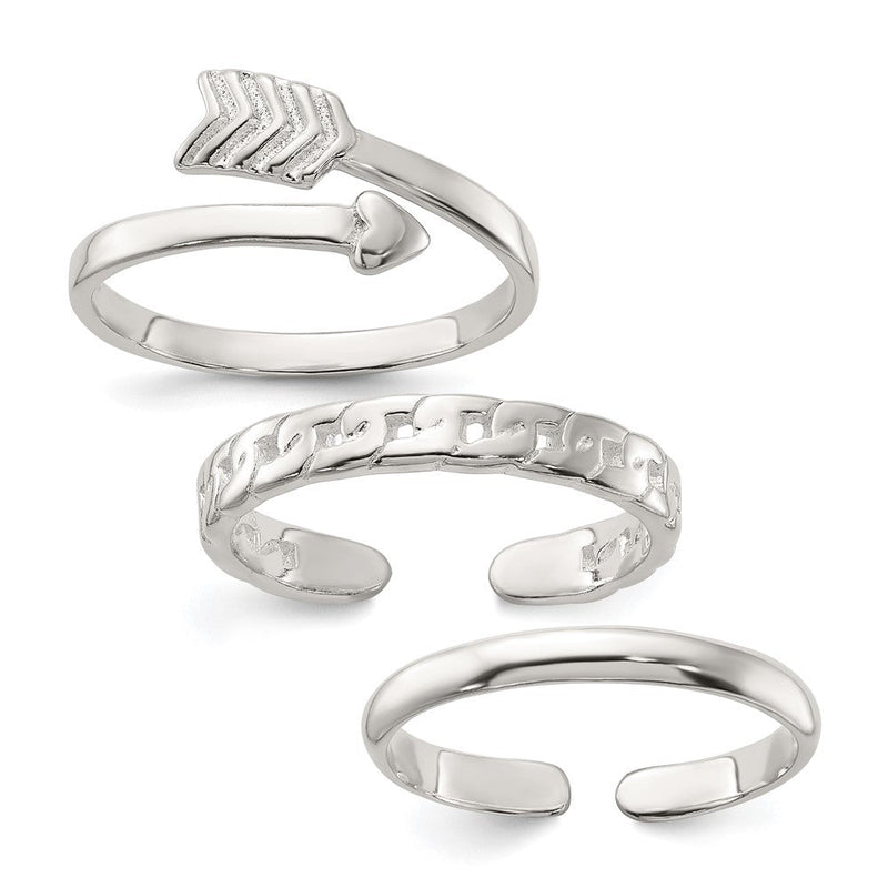 Sterlingsilber Poliert Pfeil/chain Glieder/plain Set Of 3 Zehen Rings