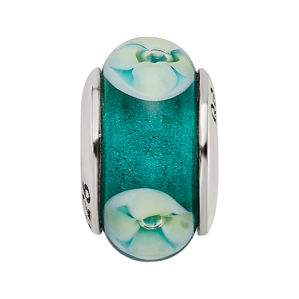 Sterlingsilber Reflections Blueish Grün Blumen Hand-blown Glas Perle