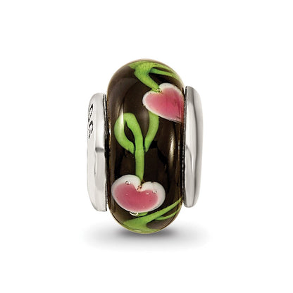 Sterlingsilber Kinder Kollektion Hand-blown Schwarz mit Blumen Muster Glas Reflections Perle
