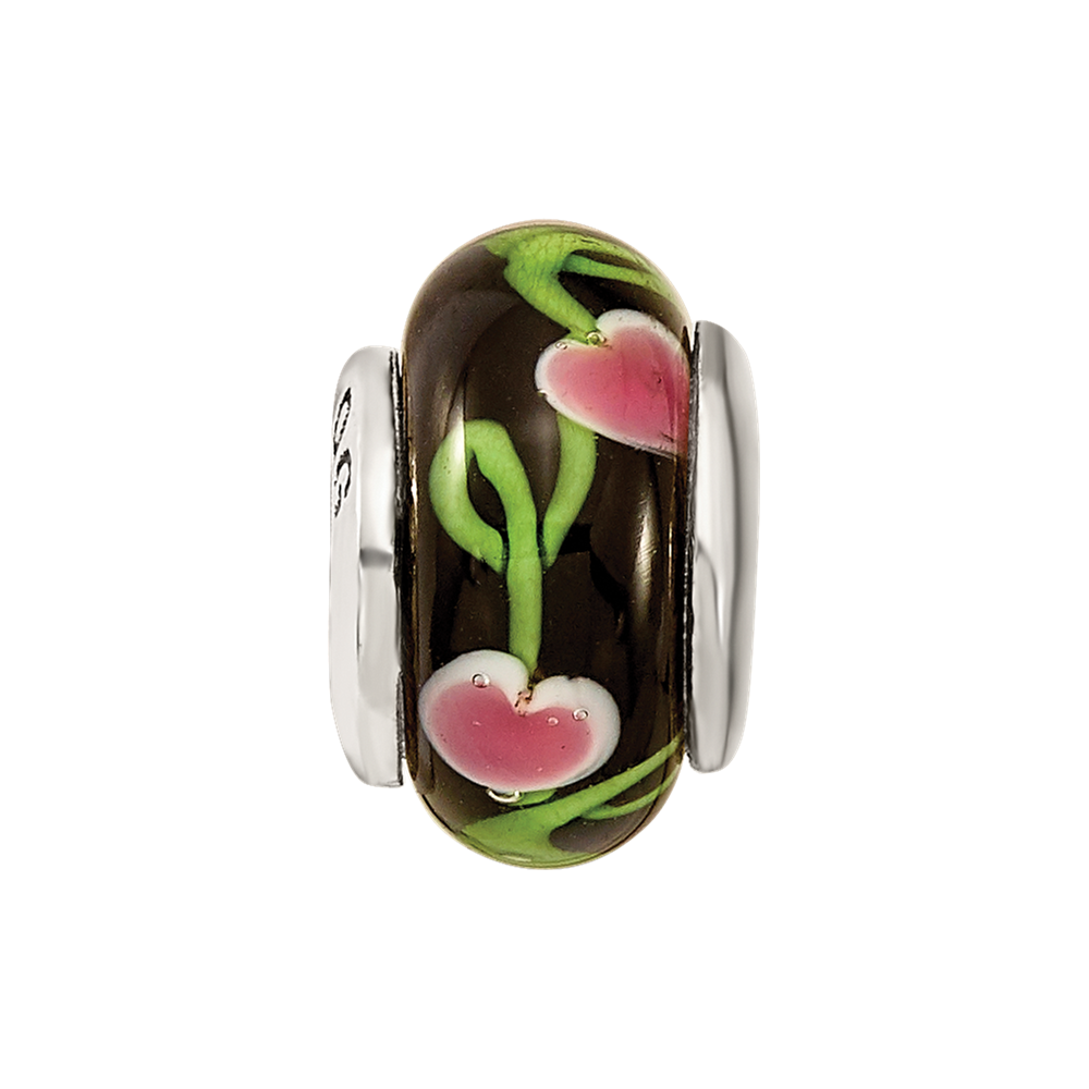 Sterlingsilber Kinder Kollektion Hand-blown Schwarz mit Blumen Muster Glas Reflections Perle