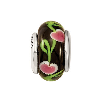 Sterlingsilber Kinder Kollektion Hand-blown Schwarz mit Blumen Muster Glas Reflections Perle