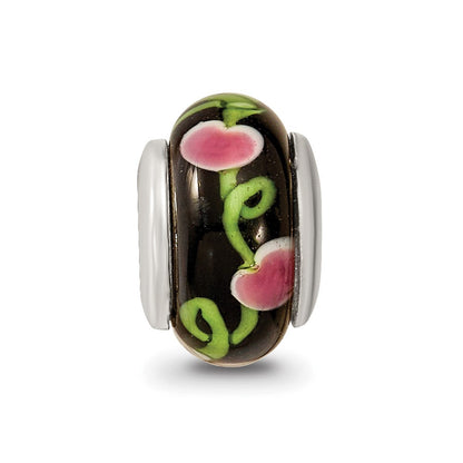 Sterlingsilber Kinder Kollektion Hand-blown Schwarz mit Blumen Muster Glas Reflections Perle