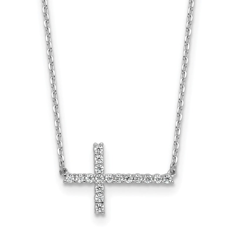 Sterlingsilber Rhodiniert Zirkonia 16 Zoll. mit 2 Zoll Verlängerung. Sideway Kreuz Halskette