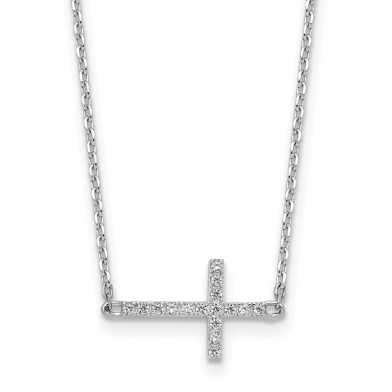 Sterlingsilber Rhodiniert Zirkonia 16 Zoll mit 2 Zoll Verlängerung. Sideway Kreuz Halskette