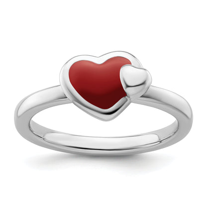 Sterlingsilber Stapelbar Expressions Poliert Rot Emailliert Herz Ring