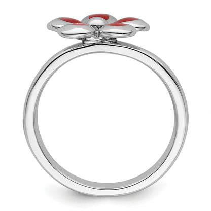 Sterlingsilber Stapelbar Expressions Poliert Rot Emailliert Blume Ring