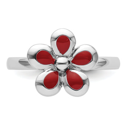 Sterlingsilber Stapelbar Expressions Poliert Rot Emailliert Blume Ring