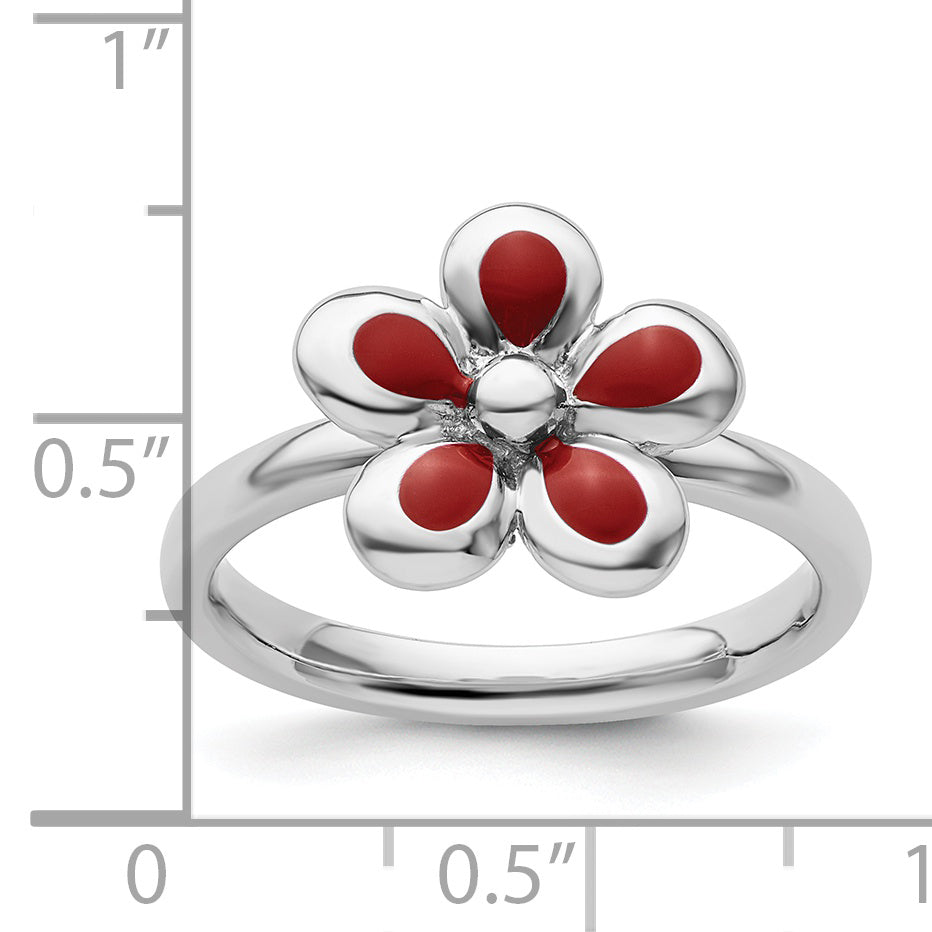 Sterlingsilber Stapelbar Expressions Poliert Rot Emailliert Blume Ring