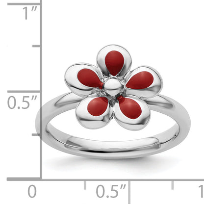 Sterlingsilber Stapelbar Expressions Poliert Rot Emailliert Blume Ring