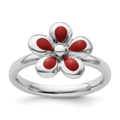 Sterlingsilber Stapelbar Expressions Poliert Rot Emailliert Blume Ring