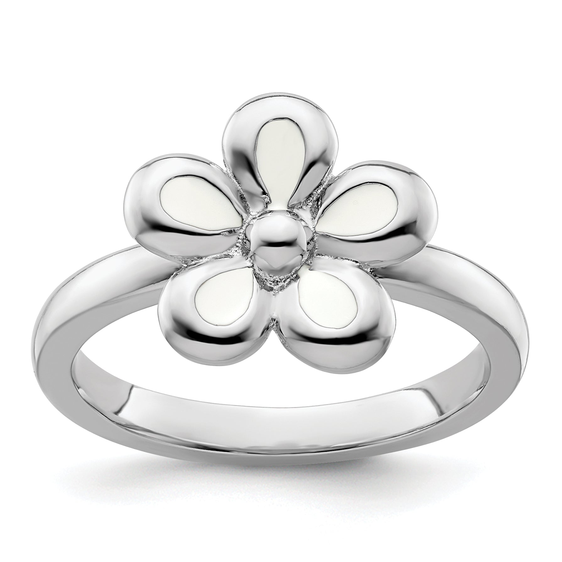 Sterlingsilber Stapelbar Expressions Poliert Weiß Emailliert Blume Ring