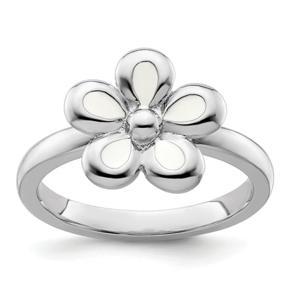 Sterlingsilber Stapelbar Expressions Poliert Weiß Emailliert Blume Ring